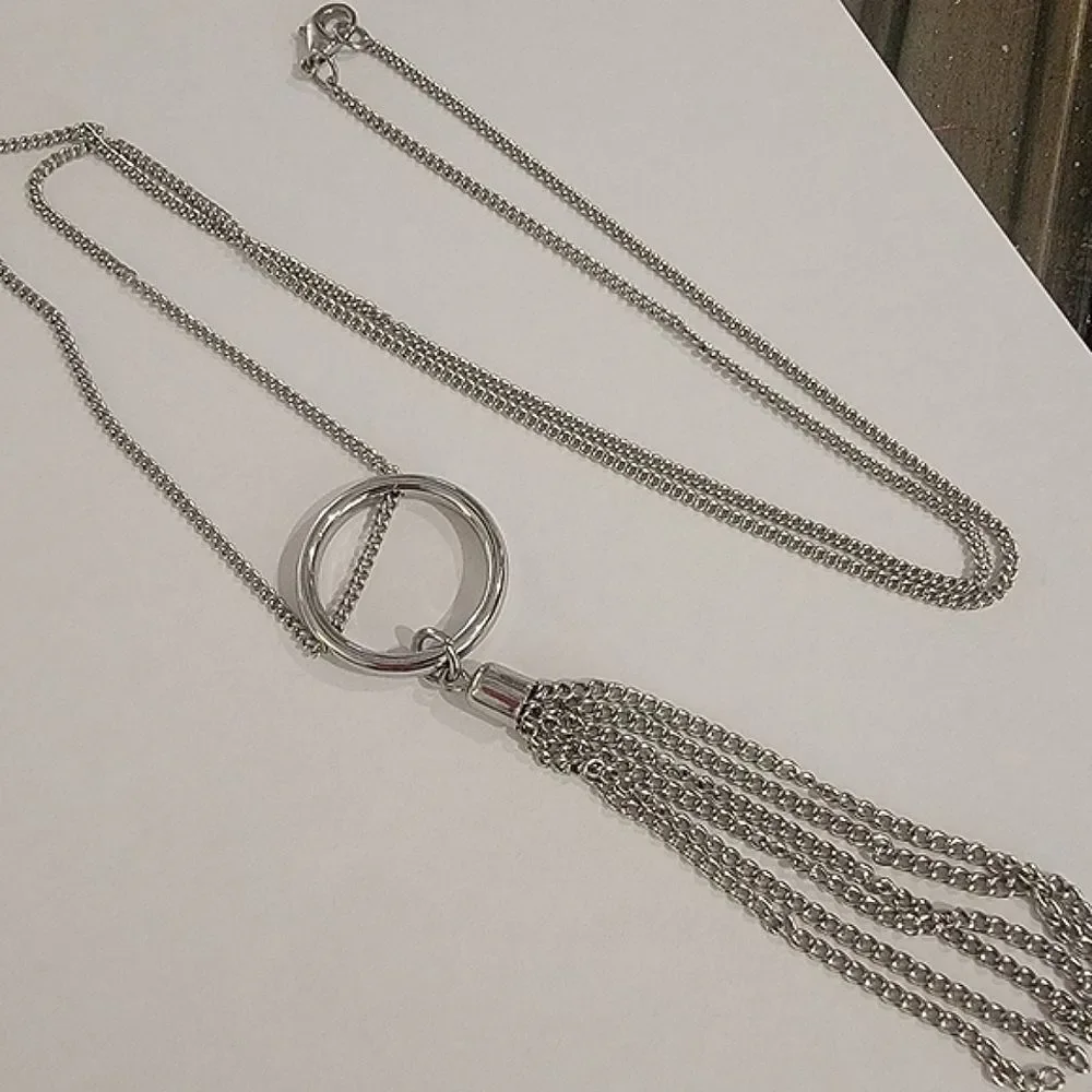 #Silver Tone Long Circle #Tassel #Necklace 26" Long #NWOT - Picture 6 of 6